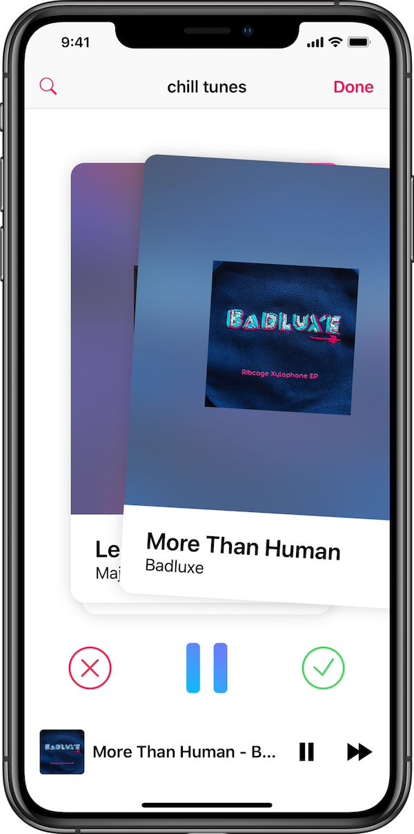 This is a picture of the Mix.It app for iPhone in the swiping screen. The user is currently swiping right on a song and adding it to a mix.